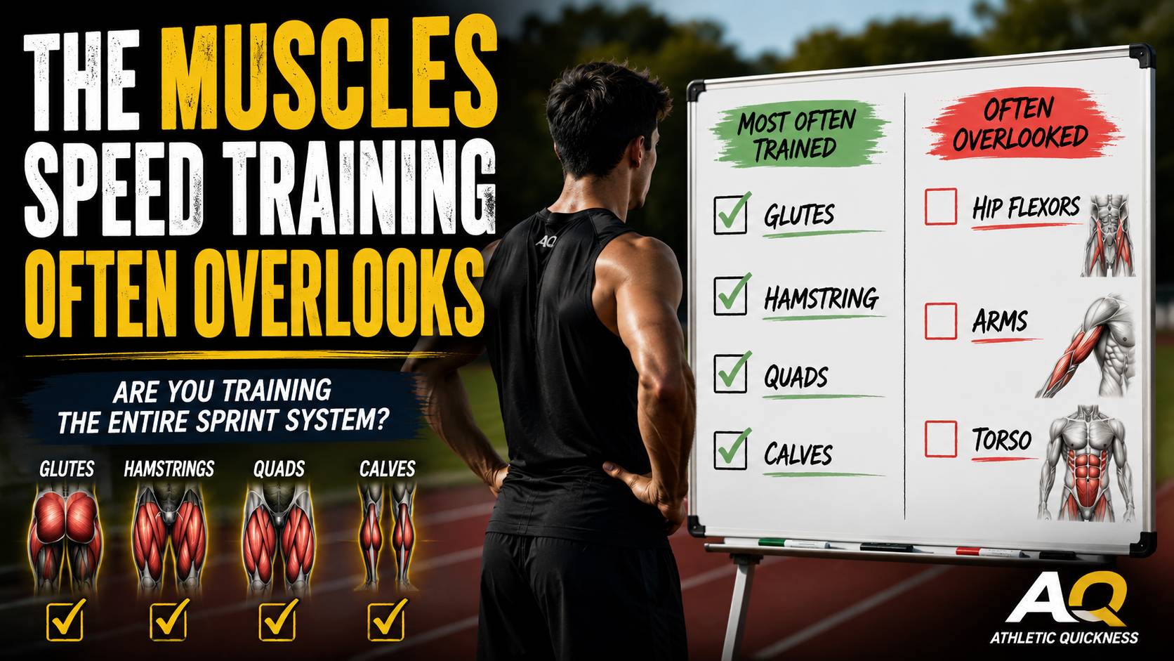 Athlete reviewing a checklist of sprinting muscles on a track, comparing commonly trained muscles such as the glutes, hamstrings, quads, and calves with often-overlooked sprinting muscles including the hip flexors, arms, and torso. The image highlights the question of whether athletes are training the entire sprint system for running speed.