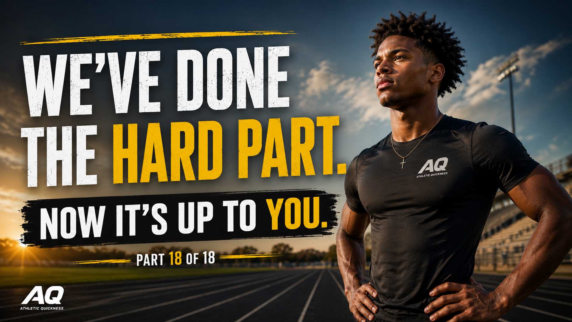 High school sprinter standing on an outdoor track in daylight, looking forward with confidence, representing the conclusion of the AQ Why You're Not Getting Faster series and the next step toward more complete sprint development.