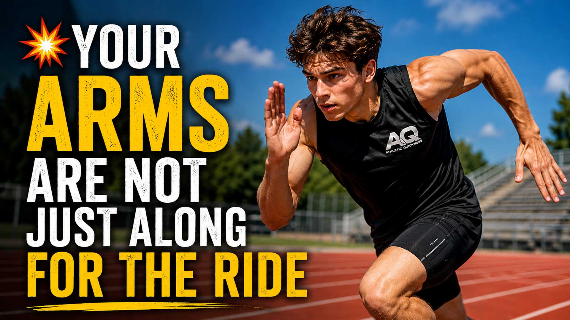 High school male sprinter aggressively driving his arms while sprinting on an outdoor track, illustrating the role of arm contribution in running speed and sprint performance.