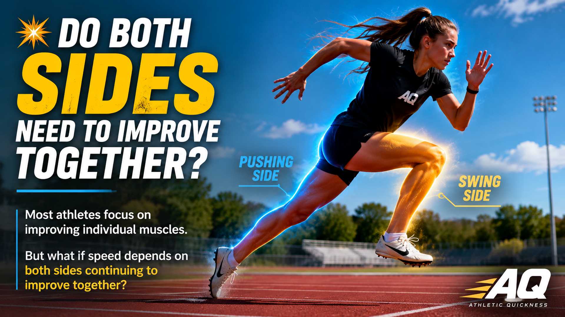 High school female sprinter running on an outdoor track with visual emphasis on both the pushing side and swing side, illustrating the AQ concept that sprint speed may depend on both sides continuing to improve together.
