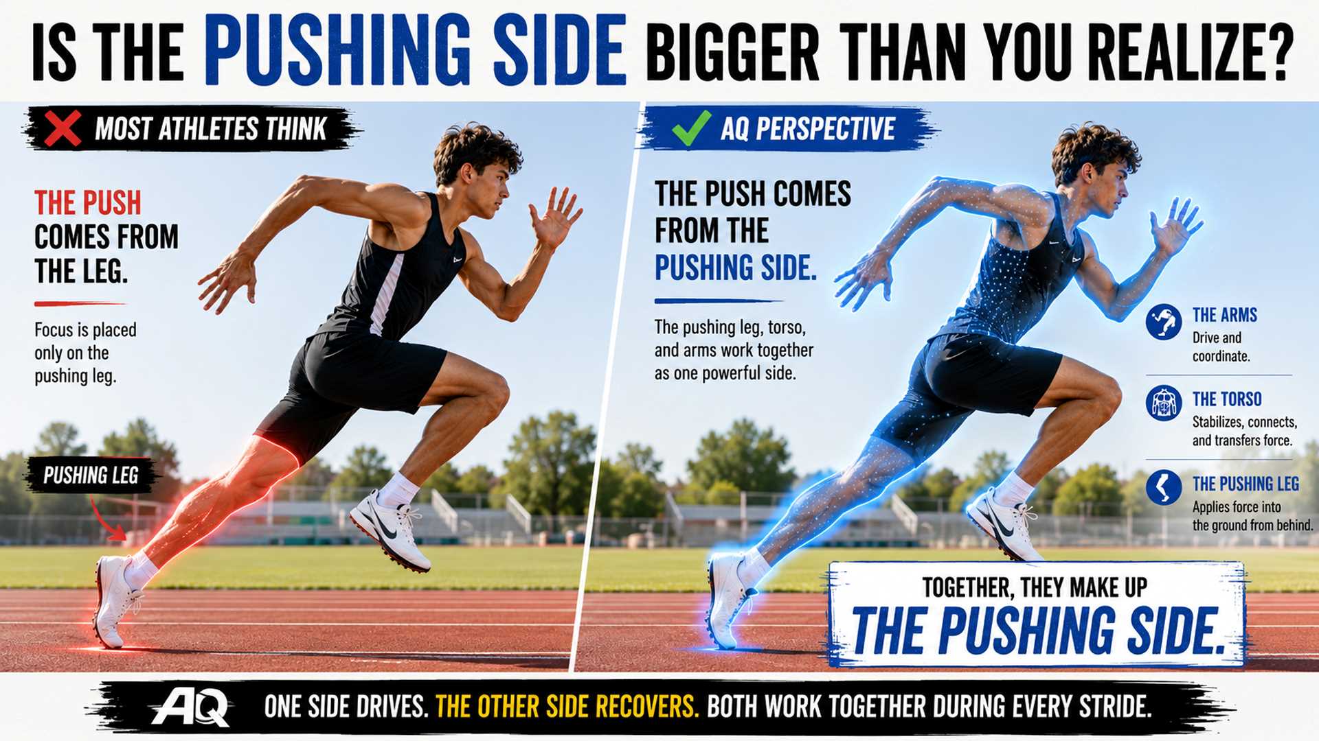 Young high school sprinter shown in a split-screen comparison graphic illustrating the AQ concept of the pushing side. One side shows the common belief that speed comes primarily from the pushing leg, while the other highlights the AQ perspective that the pushing leg, arms, and torso work together as the pushing side during sprinting. Outdoor track, daylight conditions, AQ training graphic.