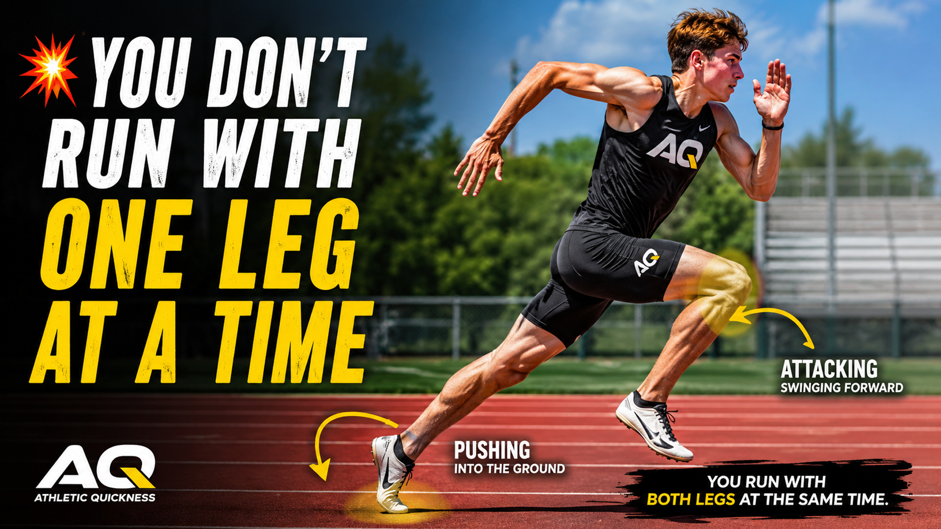 High school male sprinter on a track demonstrating that sprinting uses both legs at the same time, with one leg pushing into the ground and the opposite leg attacking forward.