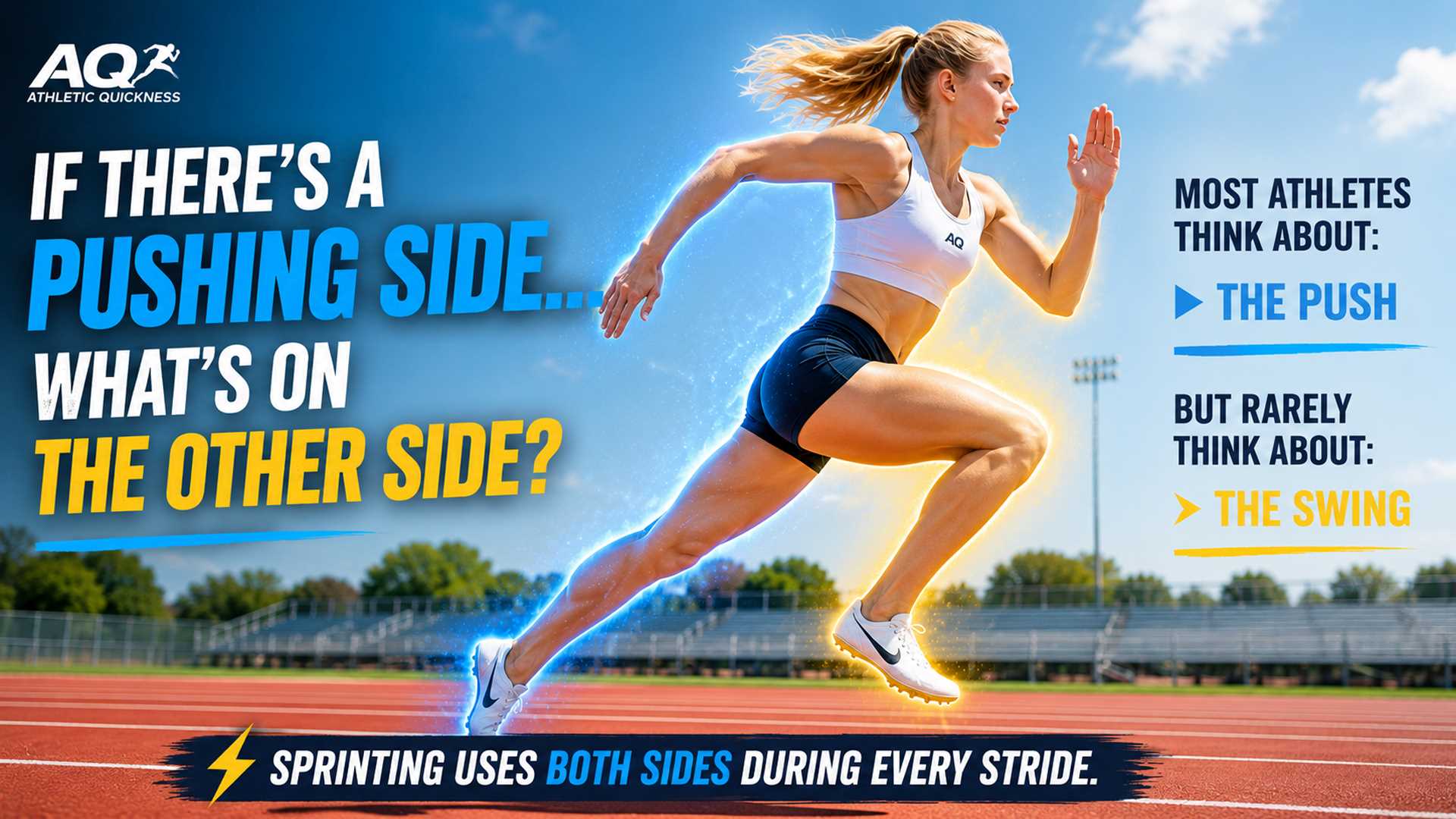 High school sprinter running on an outdoor track with contrasting visual emphasis on the pushing side and swing side, illustrating the AQ concept that sprinting uses both sides during every stride.