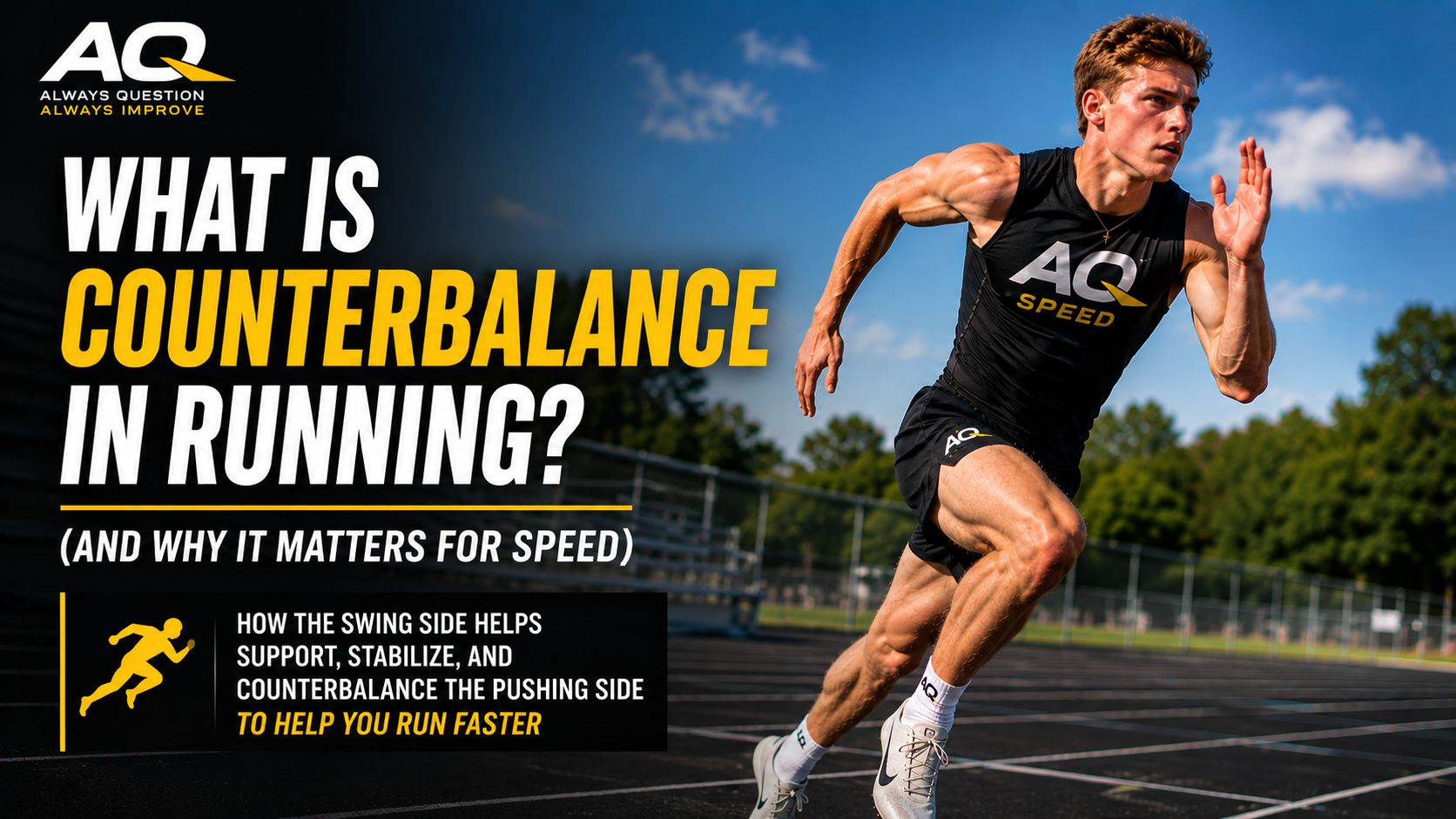 Young sprinter demonstrating counterbalance in running as the swing side supports speed and stability during sprinting