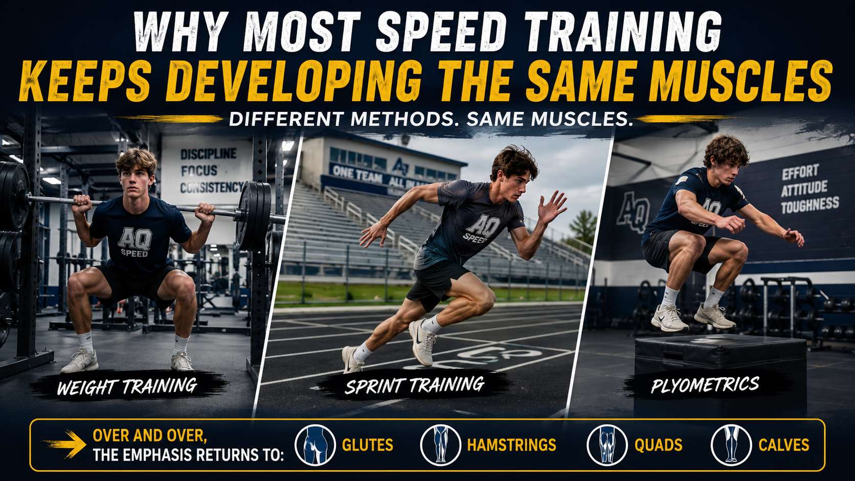 High school athlete performing weight training, sprint training, and plyometric exercises, illustrating how many speed-training methods repeatedly develop the same muscles—glutes, hamstrings, quads, and calves—despite using different exercises and training styles.